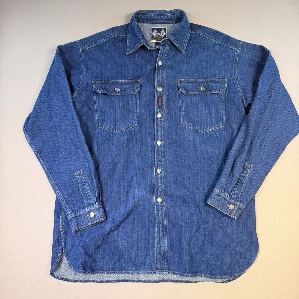 VTG Harley Davidson Shirt Jacket Mens Lrg Blue Heavy Denim Button Up Hong Kong